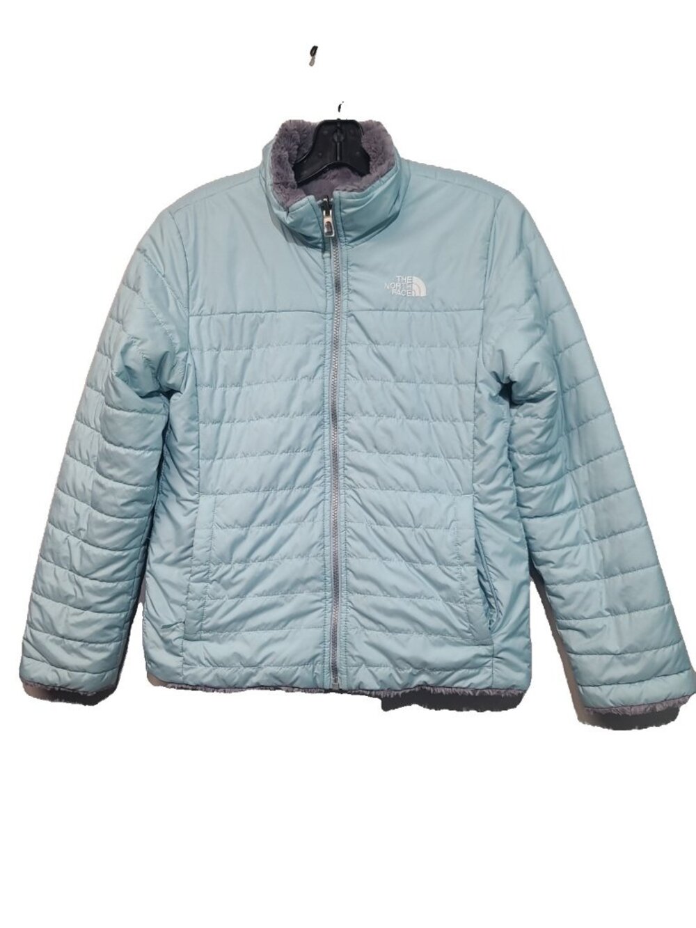 The North Face Girls' Reversible Mossbud Swirl Jacket Size L gray light blue